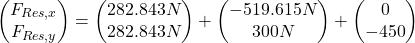 \[ \begin{pmatrix} F_{Res,x} \\ F_{Res,y} \end{pmatrix}=\begin{pmatrix} 282.843 N \\ 282.843 N\end{pmatrix}+\begin{pmatrix} -519.615 N \\ 300 N \end{pmatrix}+\begin{pmatrix} 0 \\ -450 \end{pmatrix} \]