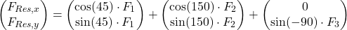 \[ \begin{pmatrix} F_{Res,x} \\ F_{Res,y} \end{pmatrix}=\begin{pmatrix} \cos(45°)\cdot F_1 \\ \sin(45°)\cdot F_1 \end{pmatrix}+\begin{pmatrix} \cos(150°)\cdot F_2 \\ \sin(150°)\cdot F_2 \end{pmatrix}+\begin{pmatrix} 0 \\ \sin(-90°)\cdot F_3 \end{pmatrix} \]