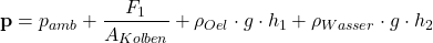 \[ {\bf p} = p_{amb} + \frac{F_1}{A_{Kolben}} + \rho_{Oel} \cdot g \cdot h_1 + \rho_{Wasser} \cdot g \cdot h_2 \]