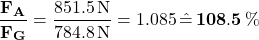 \[ {\bf \frac{F_A}{F_G}} = \frac{851.5 \, \text{N}}{784.8 \, \text{N}} = 1.085 \, \hat{=} \, {\bf 108.5 \, \%} \]