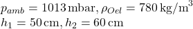 p_{amb} = 1013 \, \text{mbar}, \rho_{Oel} = 780 \, \text{kg/m}^3 \\ h_1 = 50 \, \text{cm}, h_2 = 60 \, \text{cm}